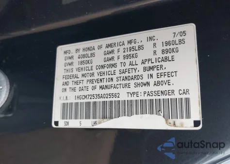 2005 Honda Accord 2.4 Lx Special Edition from USA, damaged, VIN 1HGCM72535A025562
